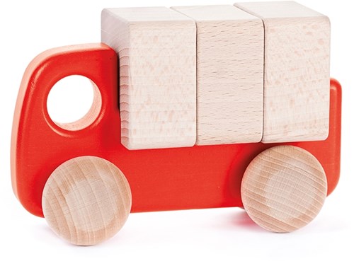 Bajo houten vrachtwagen met blokken - duurzaam speelgoed geel